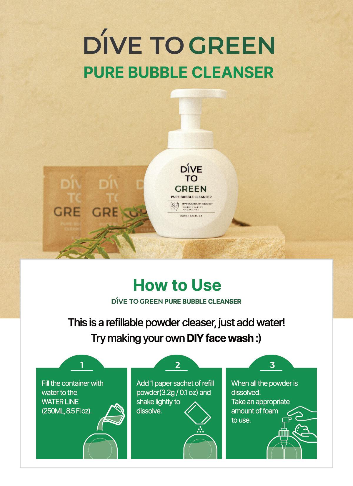 DIVE TO GREEN Korean Bubble Facial Cleanser. How to use. Instruction manual.