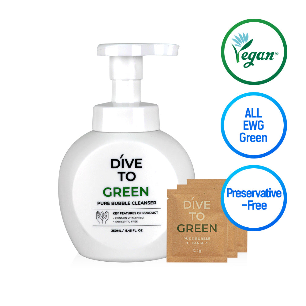 Dive to green facial cleanser. White background containing product features.