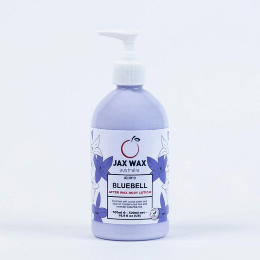 JAX WAX AUSTRALIA Alpine Bluebell After Wax Body Lotion. Front cover of the item. White background.