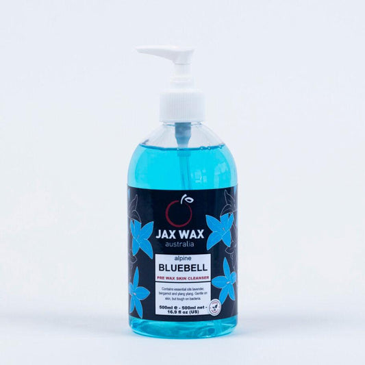 JAX WAX AUSTRALIA Alpine Bluebell Pre Wax Skin Cleanser. Front image of the product. White background.