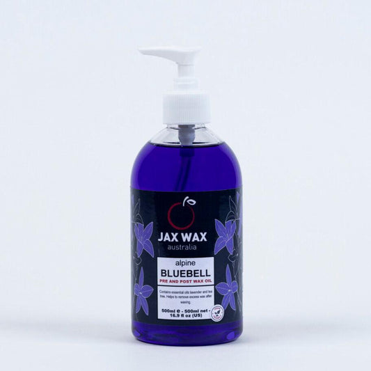 JAX WAX AUSTRALIA Alpine Bluebell Pre-Post Wax Oil. Front part of the product. White background.