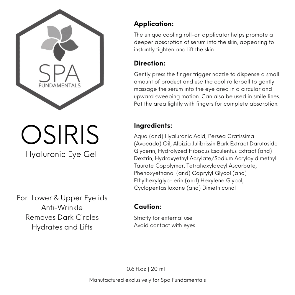 Spa Fundamentals Osiris Hyaluronic Eye Gel product benefits, ingredients, and details page.